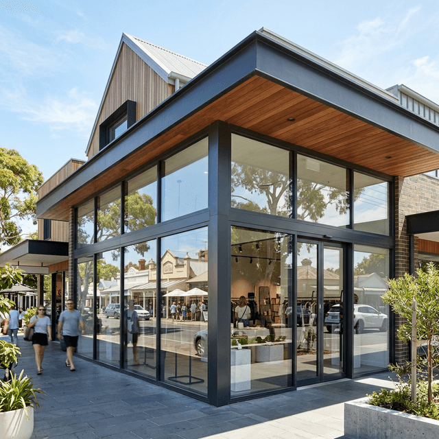 Modern commercial shopfront with pristine glass panels